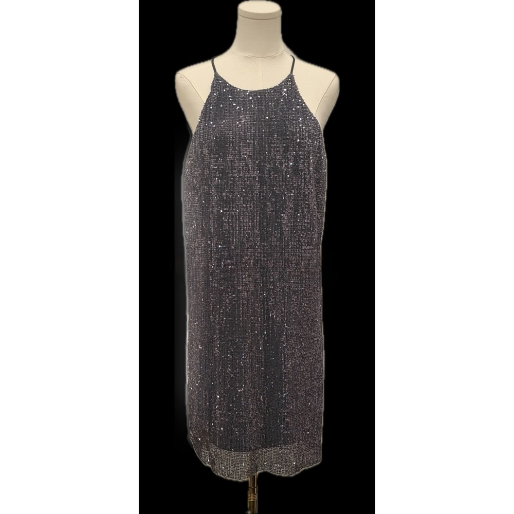H Halston Sequin Sparkly Mini Dress 6 Gunmetal Event Party Wedding